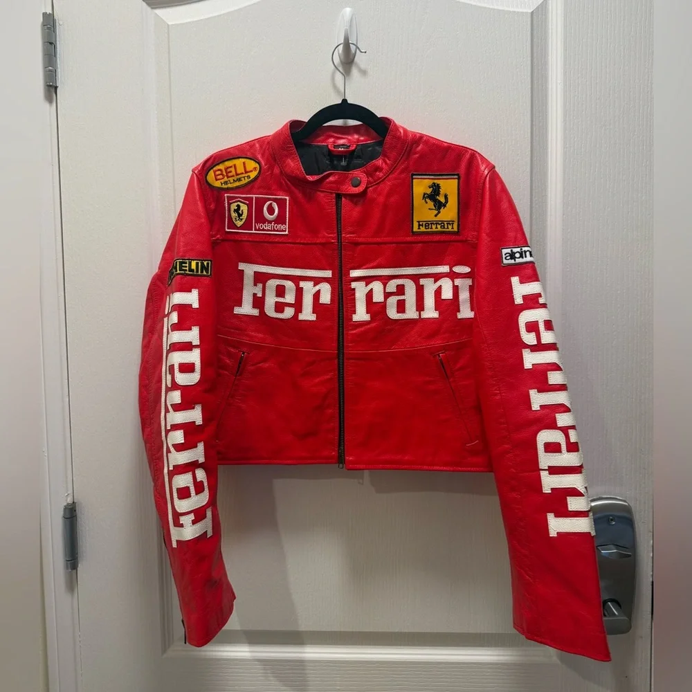 Handmade Vintage Ferrari Racing Vegan Leather Crop Jacket Red Formula1 Size XS/S - Picture 3 of 6